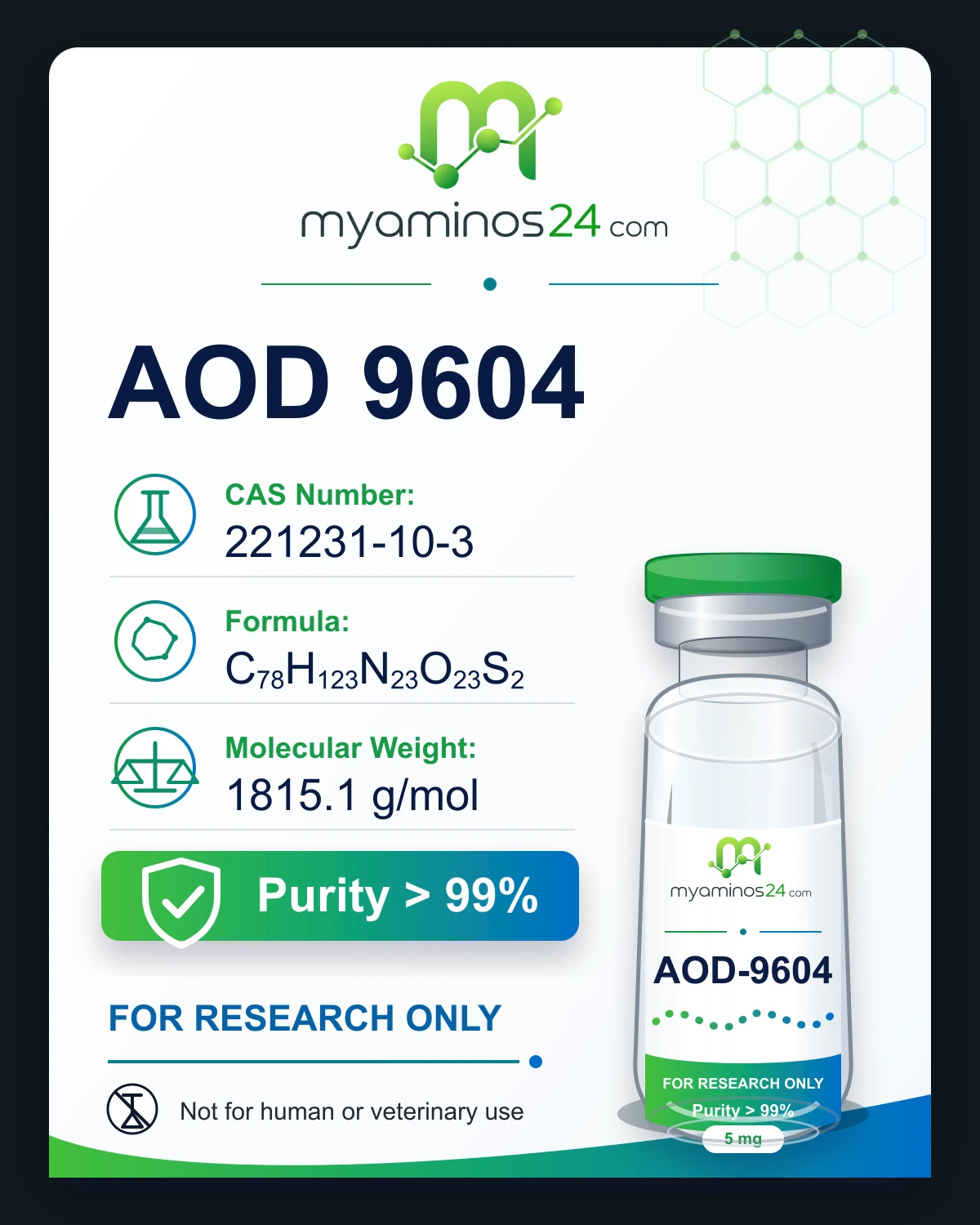 Research-only Kartei zu AOD 9604 mit CAS, Formel, Molekulargewicht und Vial.