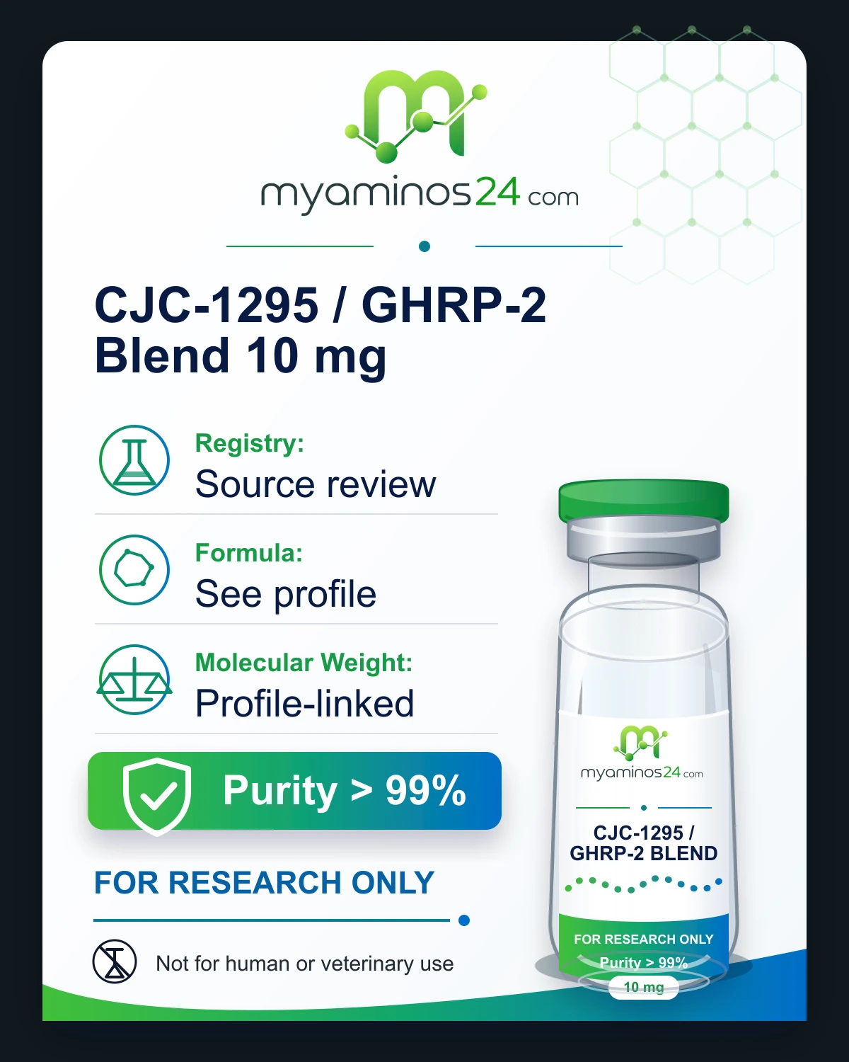 Research-only Kartei zu CJC-1295 / GHRP-2 Blend 10 mg mit CAS, Formel, Molekulargewicht und Vial.