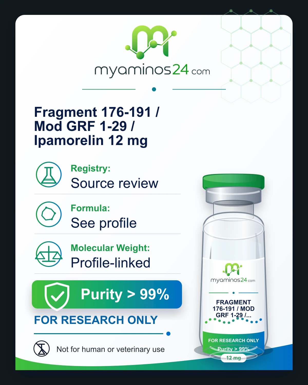 Research-only Kartei zu Fragment 176-191 / Mod GRF 1-29 / Ipamorelin 12 mg mit CAS, Formel, Molekulargewicht und Vial.