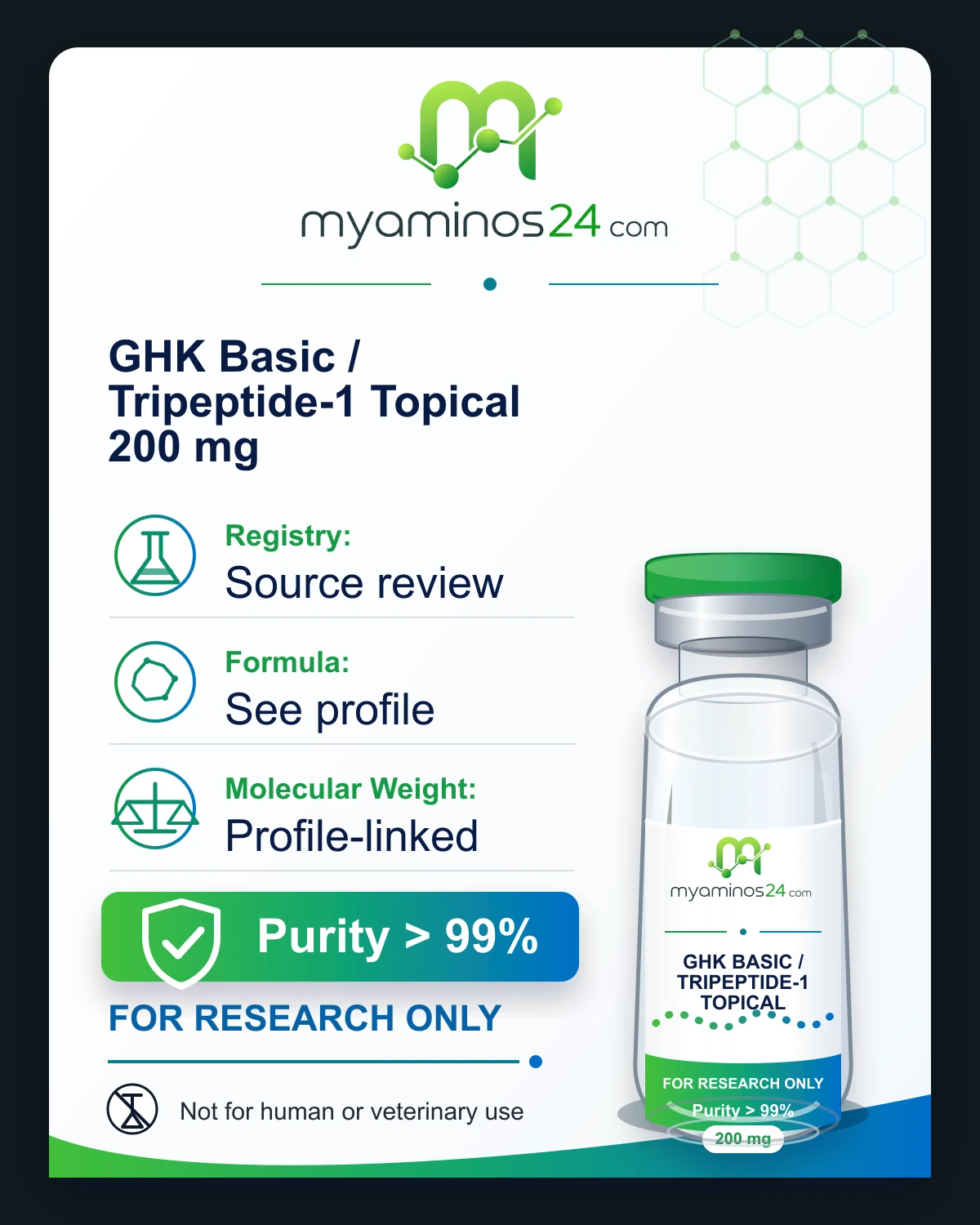 Research-only Kartei zu GHK Basic / Tripeptide-1 Topical 200 mg mit CAS, Formel, Molekulargewicht und Vial.