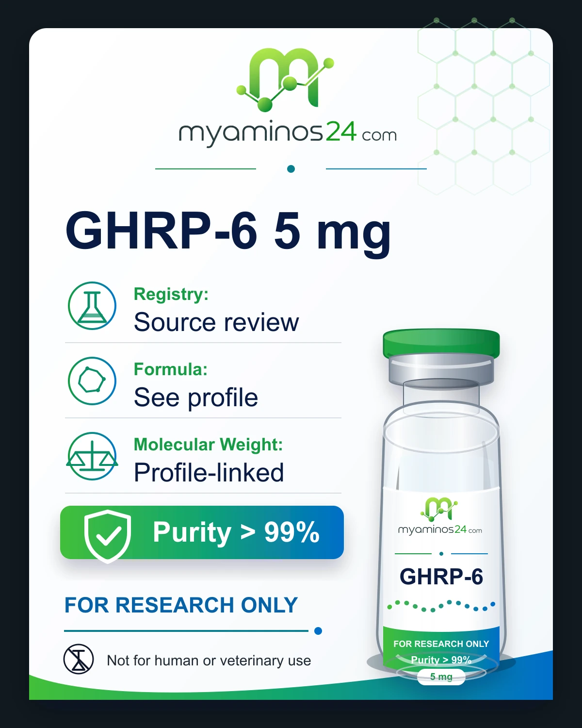 Research-only Kartei zu GHRP-6 5 mg mit CAS, Formel, Molekulargewicht und Vial.