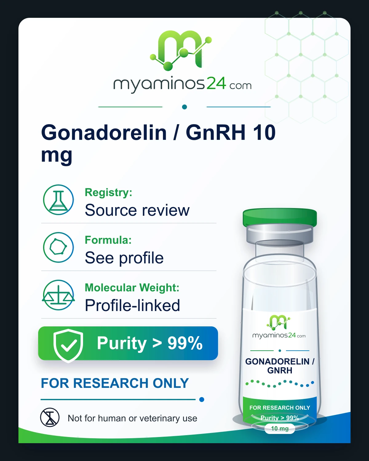 Research-only Kartei zu Gonadorelin / GnRH 10 mg mit Profilangaben und Vial.