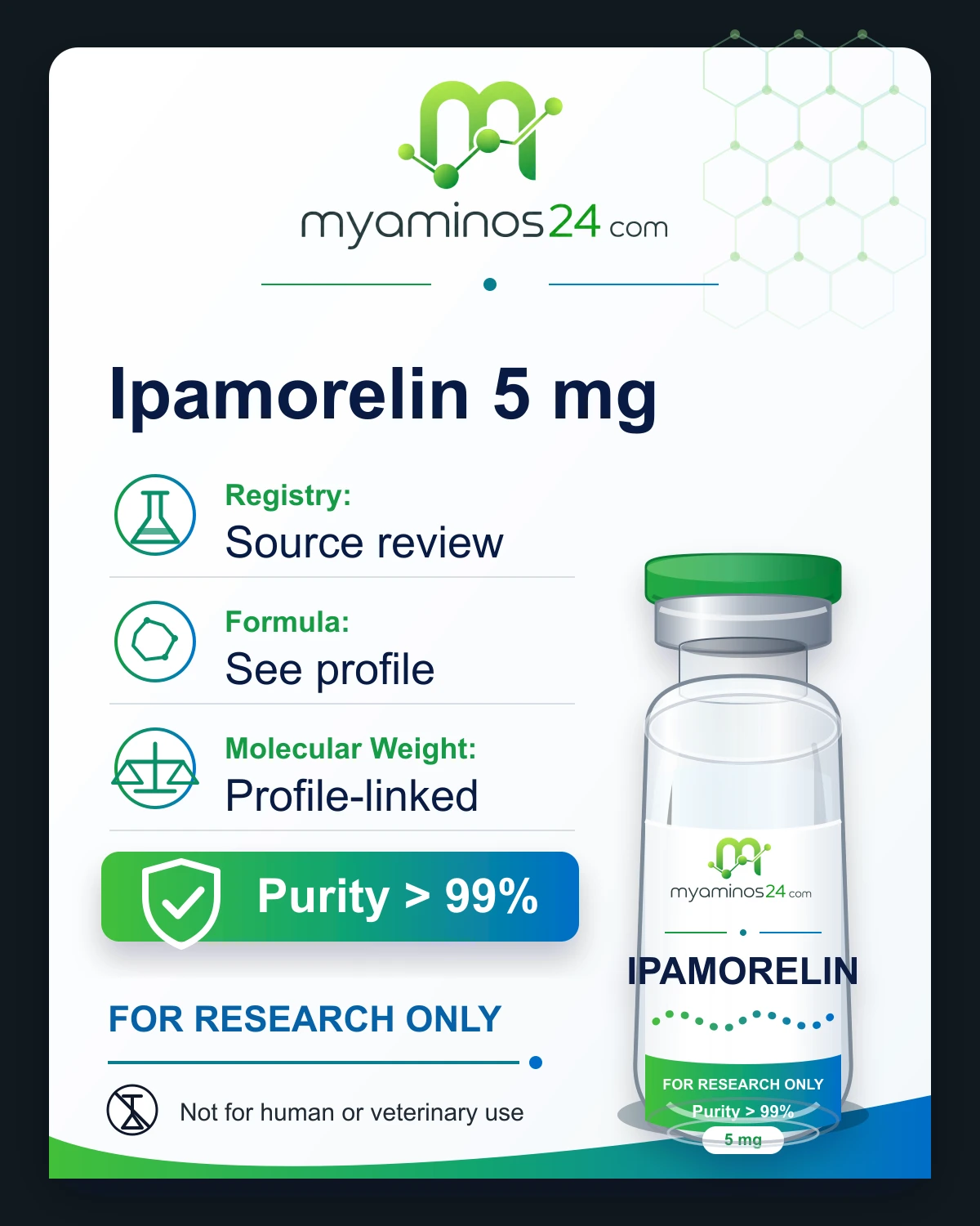 Research-only Kartei zu Ipamorelin 5 mg mit Profilangaben und Vial.