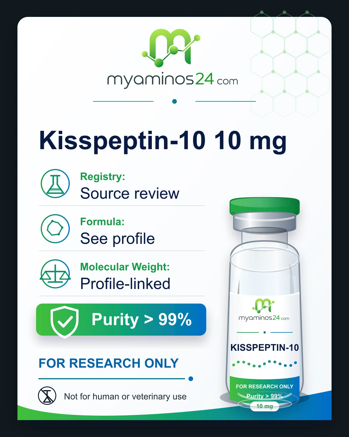 Research-only Kartei zu Kisspeptin-10 10 mg mit Profilangaben und Vial.