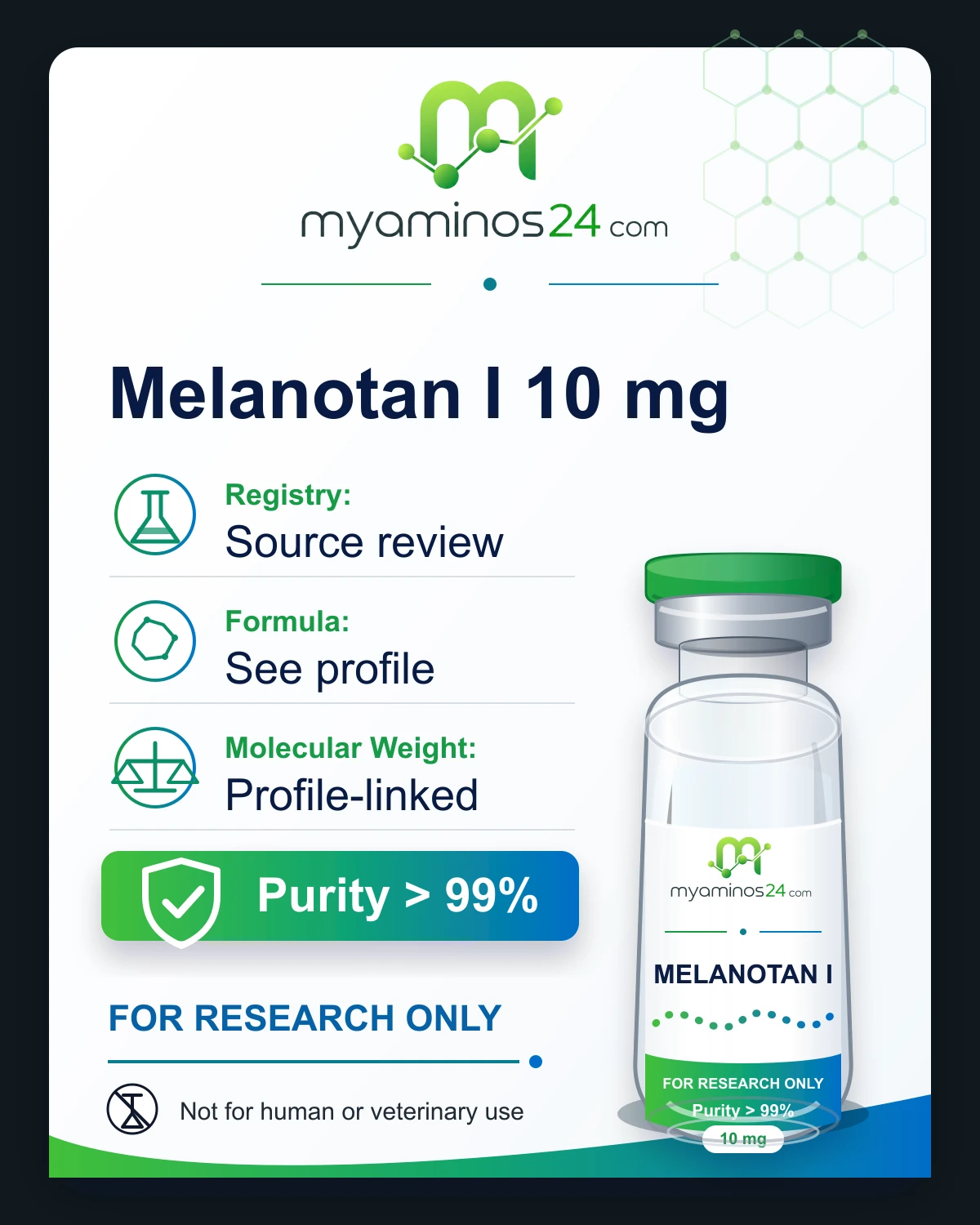 Research-only Kartei zu Melanotan I 10 mg mit CAS, Formel, Molekulargewicht und Vial.