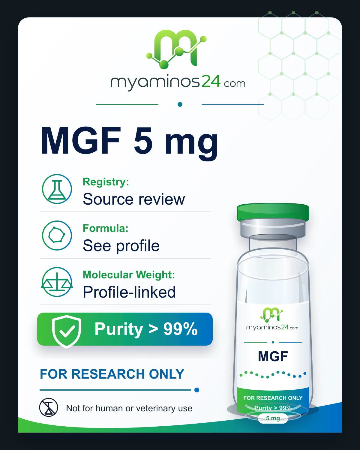 Research-only Kartei zu MGF 5 mg mit CAS, Formel, Molekulargewicht und Vial.