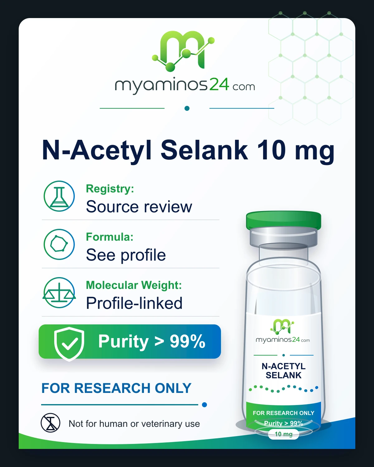 Research-only Kartei zu N-Acetyl Selank 10 mg mit Profilangaben und Vial.