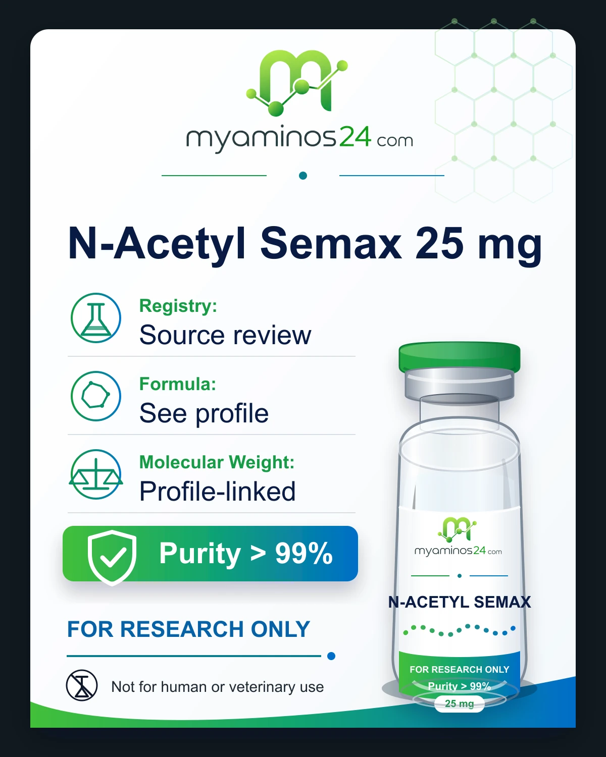 Research-only Kartei zu N-Acetyl Semax 25 mg mit Profilangaben und Vial.