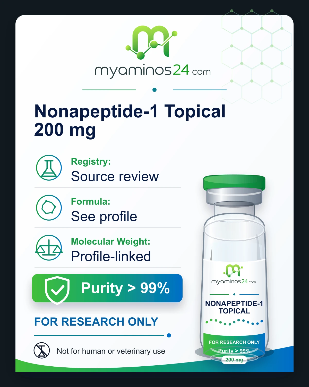 Research-only Kartei zu Nonapeptide-1 Topical 200 mg mit CAS, Formel, Molekulargewicht und Vial.