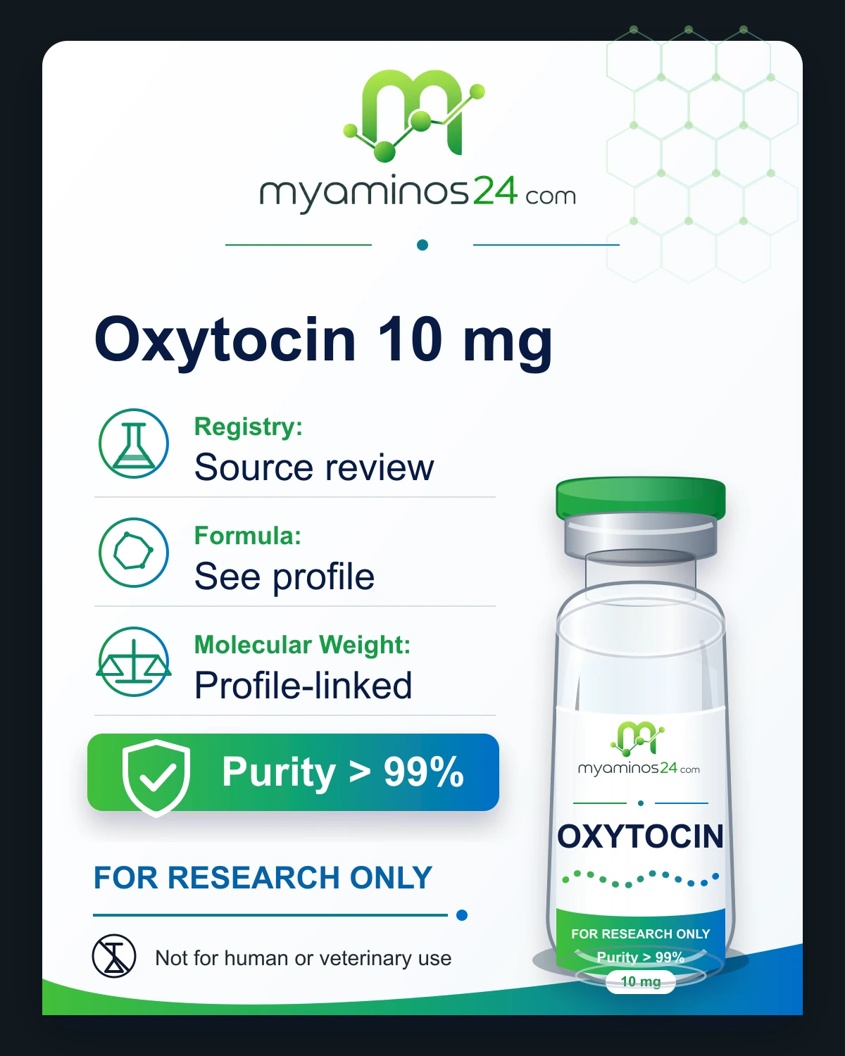 Research-only Kartei zu Oxytocin 10 mg mit CAS, Formel, Molekulargewicht und Vial.