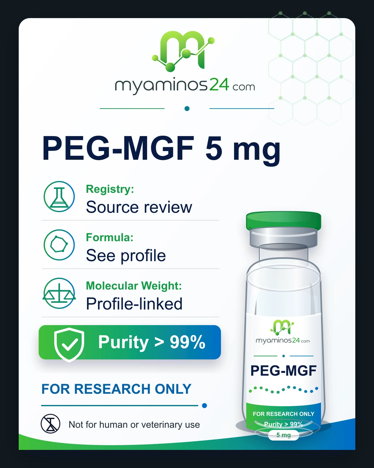 Research-only Kartei zu PEG-MGF 5 mg mit CAS, Formel, Molekulargewicht und Vial.