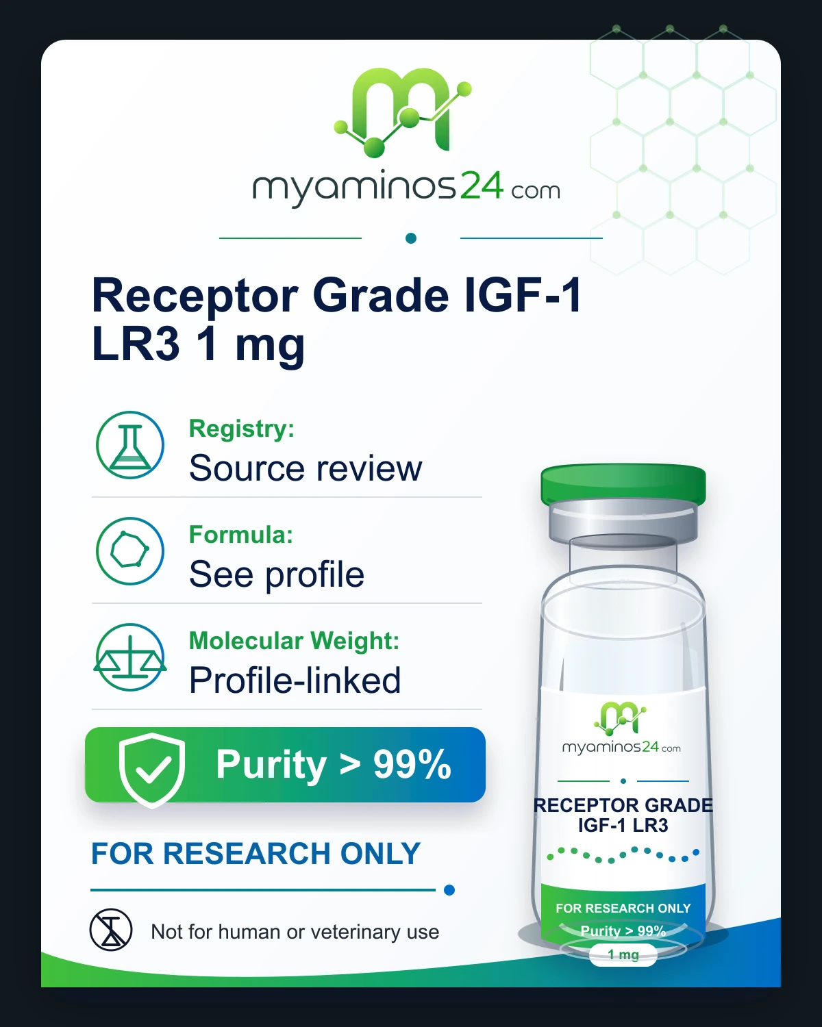 Research-only Kartei zu Receptor Grade IGF-1 LR3 1 mg mit CAS, Formel, Molekulargewicht und Vial.