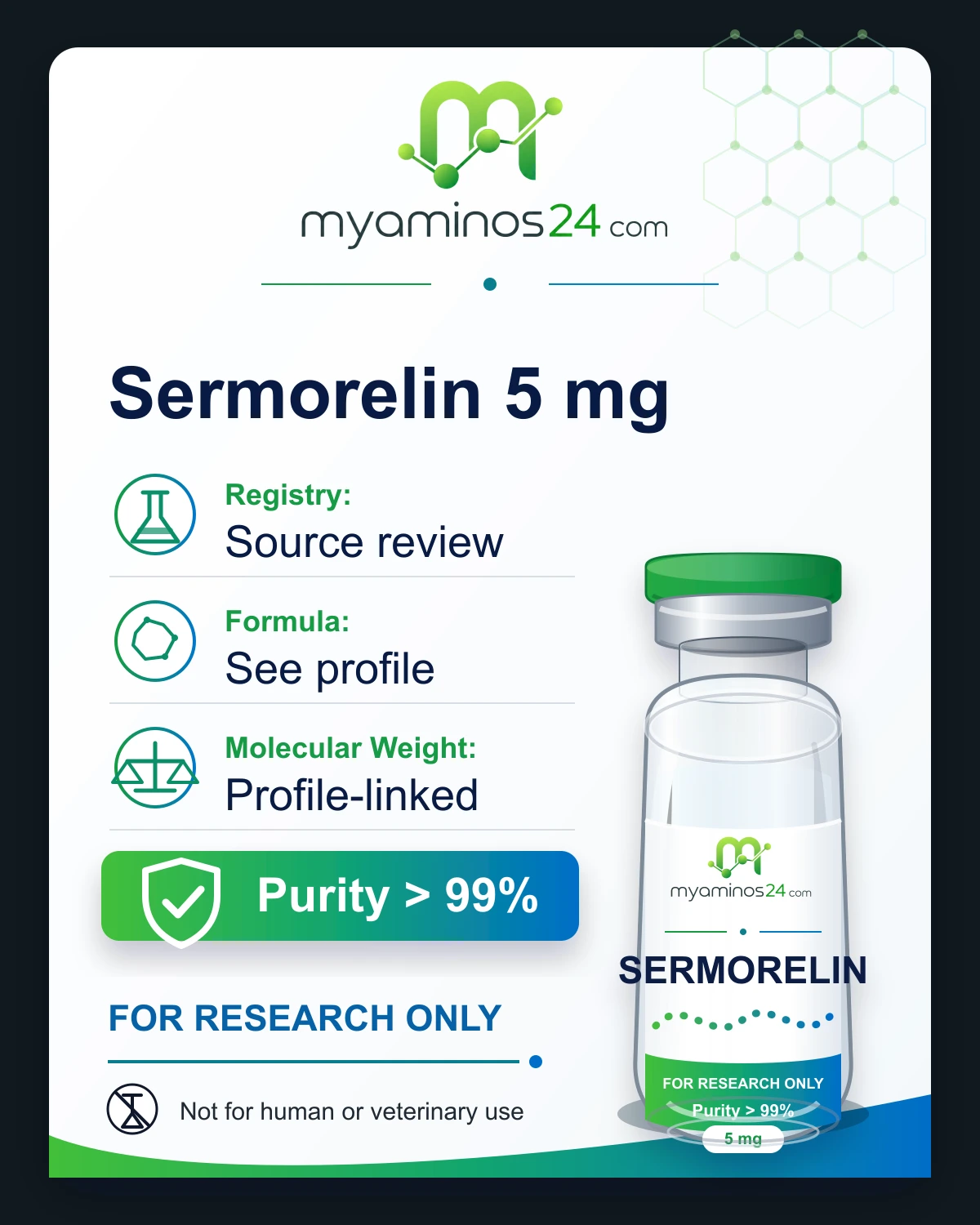 Research-only Kartei zu Sermorelin 5 mg mit CAS, Formel, Molekulargewicht und Vial.
