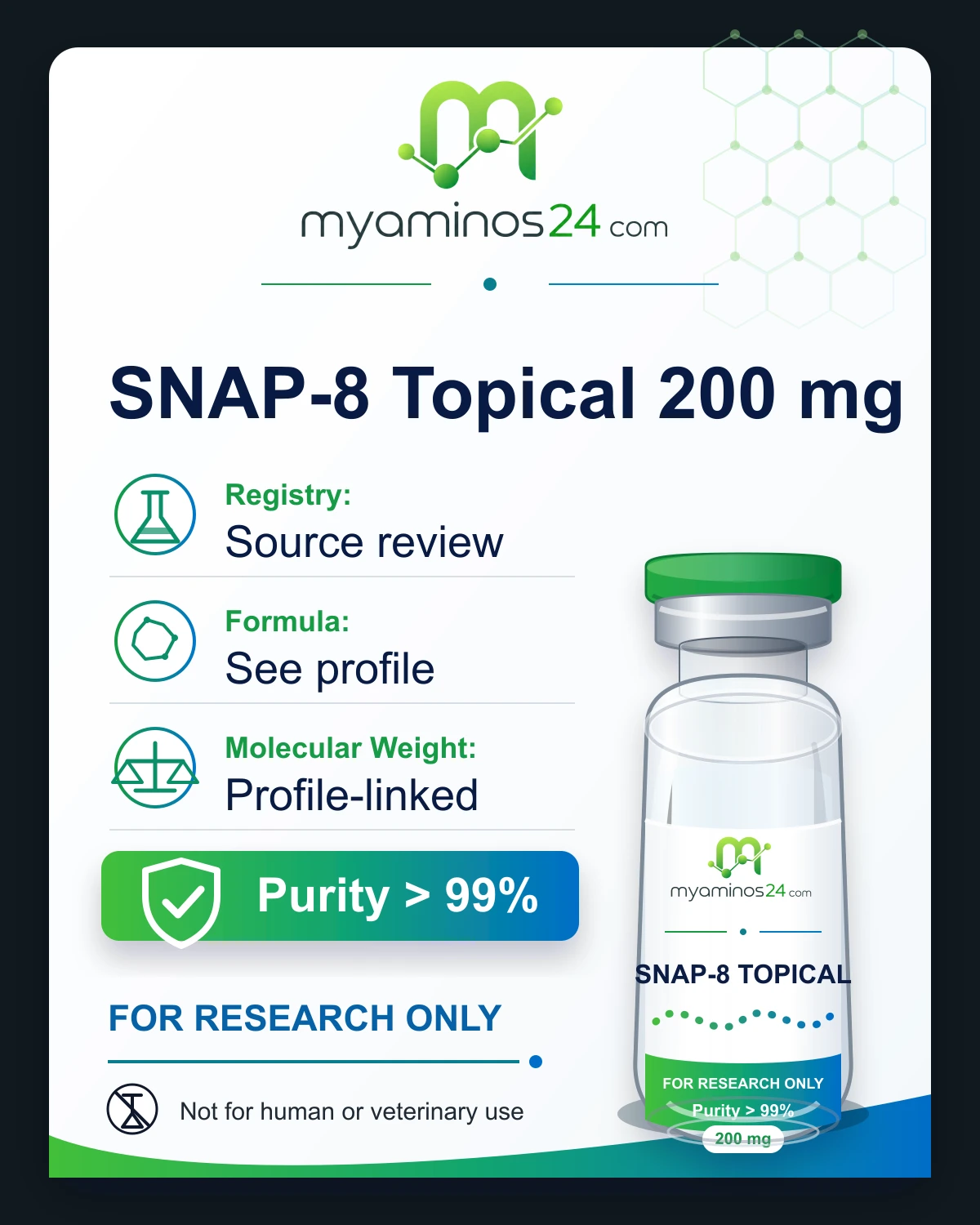 Research-only Kartei zu SNAP-8 Topical 200 mg mit CAS, Formel, Molekulargewicht und Vial.