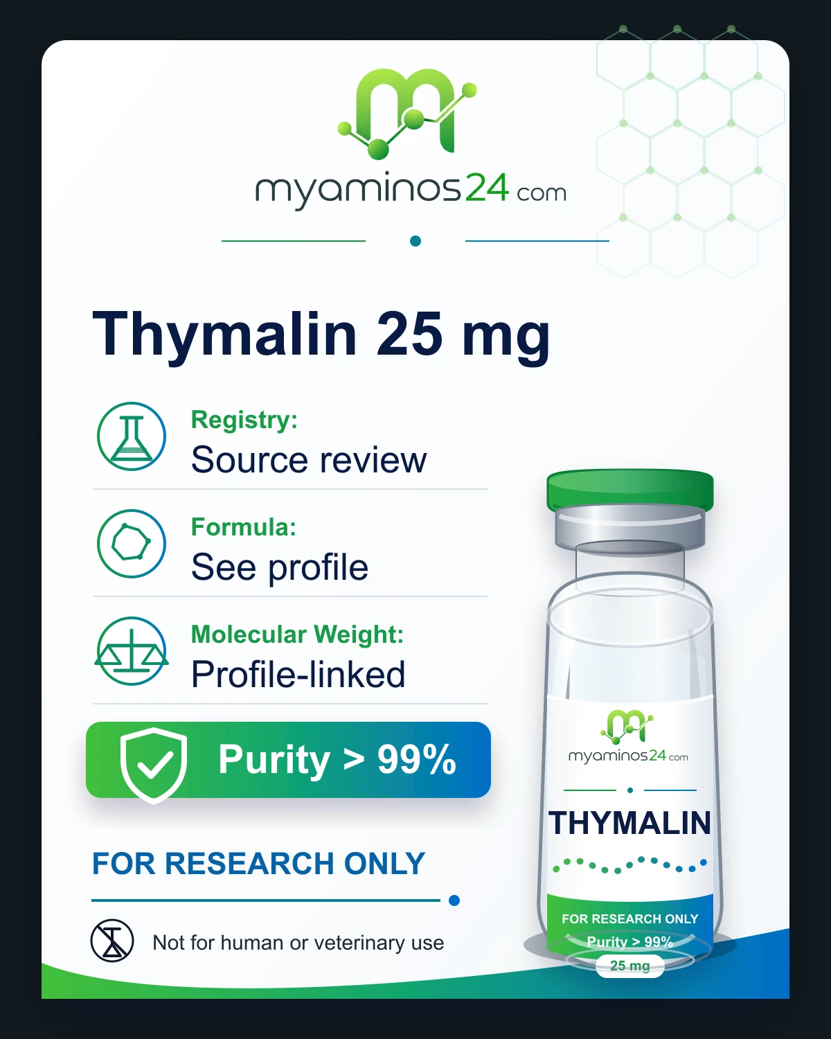 Research-only Kartei zu Thymalin 25 mg mit CAS, Formel, Molekulargewicht und Vial.