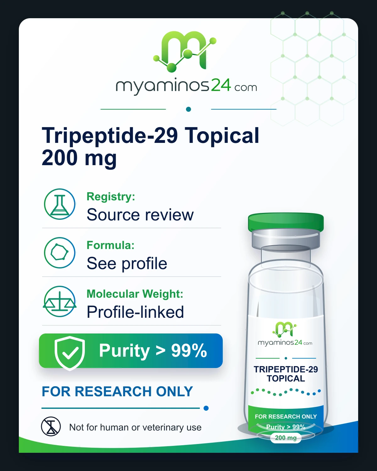 Research-only Kartei zu Tripeptide-29 Topical 200 mg mit CAS, Formel, Molekulargewicht und Vial.