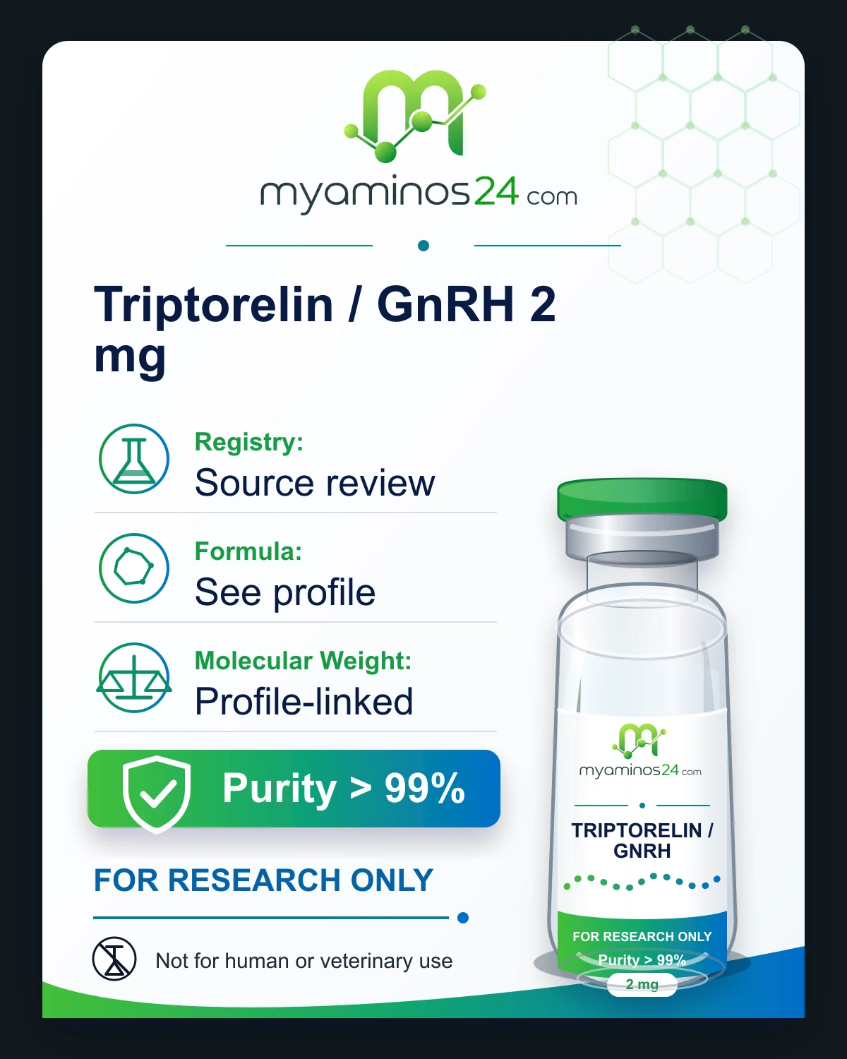 Research-only Kartei zu Triptorelin / GnRH 2 mg mit Profilangaben und Vial.