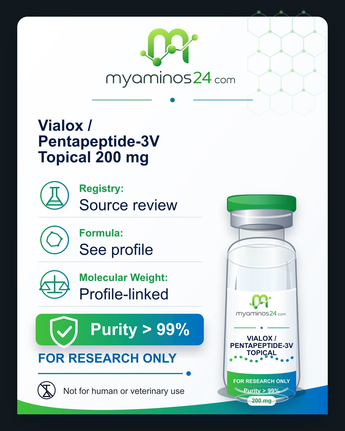 Research-only Kartei zu Vialox / Pentapeptide-3V Topical 200 mg mit CAS, Formel, Molekulargewicht und Vial.