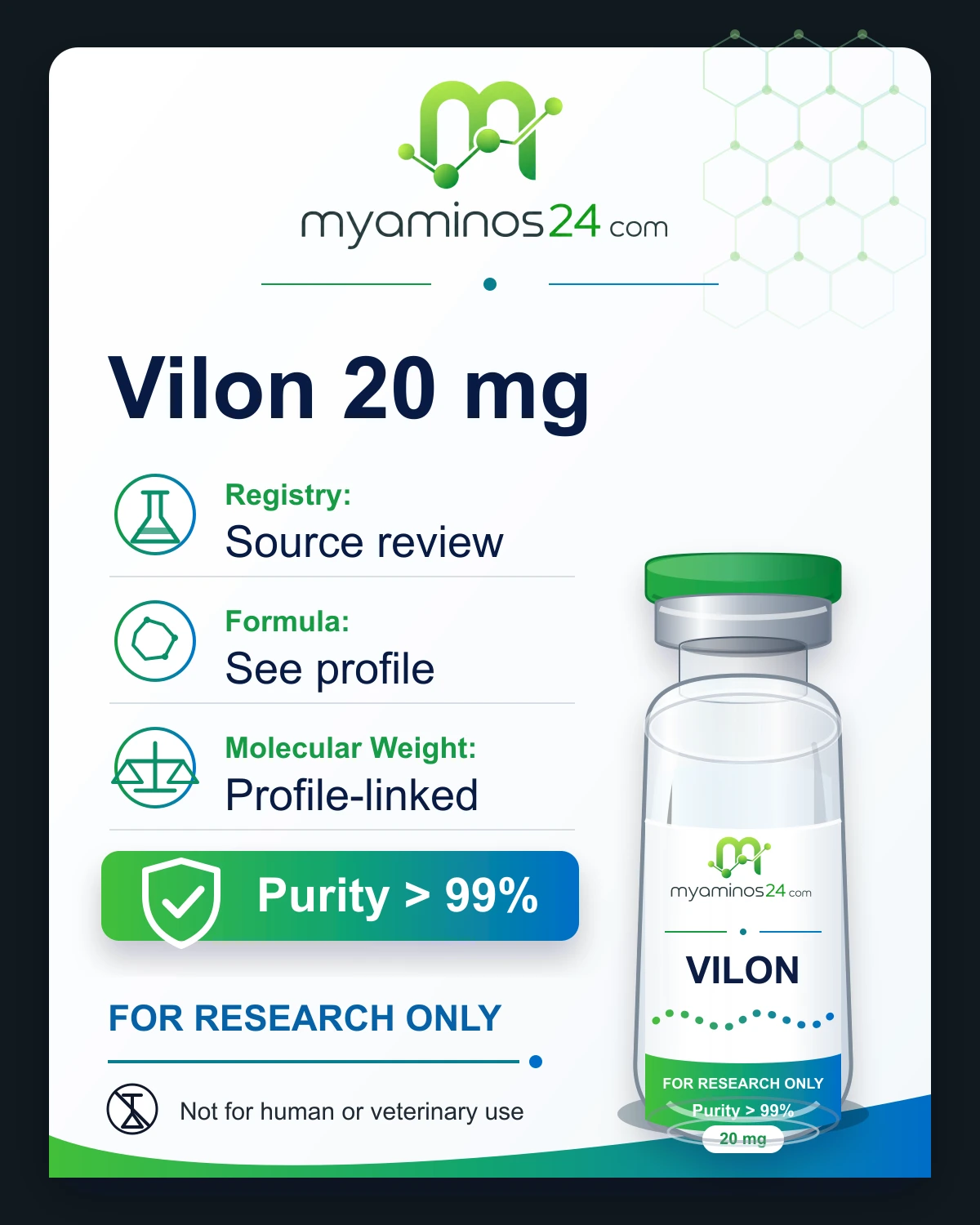 Research-only Kartei zu Vilon 20 mg mit CAS, Formel, Molekulargewicht und Vial.