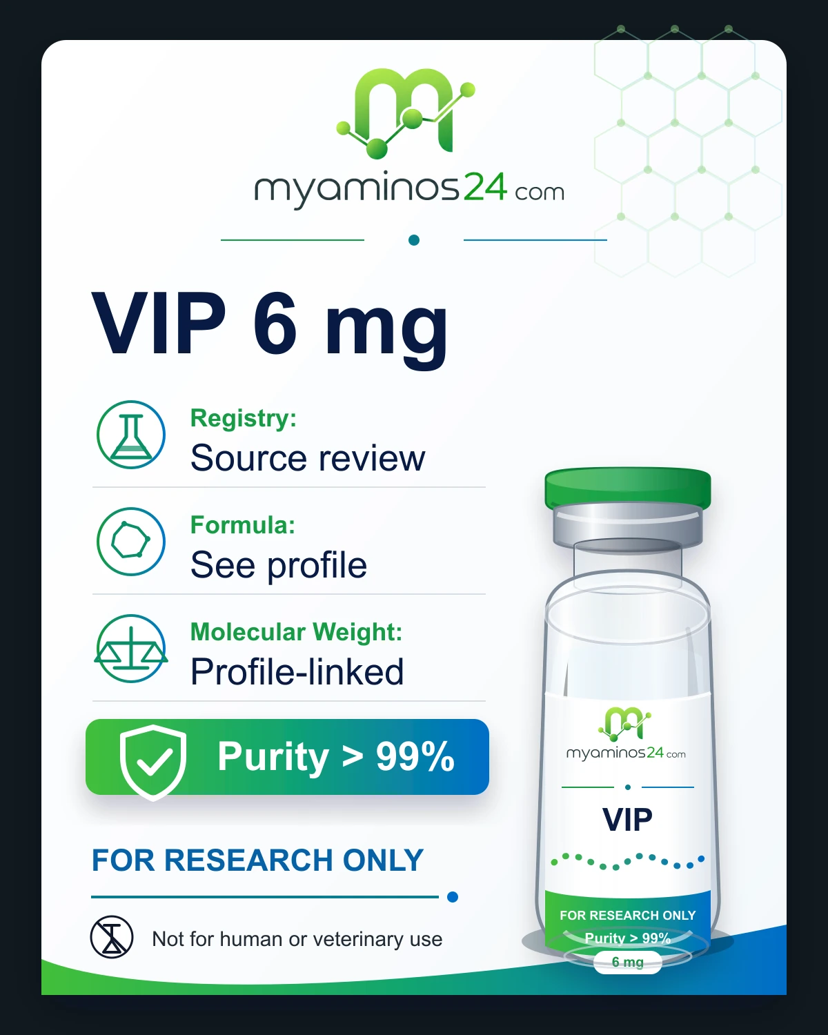 Research-only Kartei zu VIP 6 mg mit CAS, Formel, Molekulargewicht und Vial.
